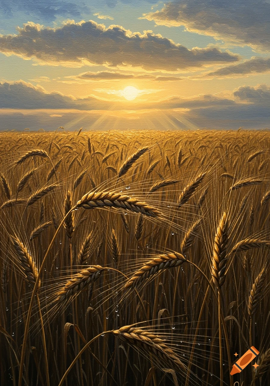 Oil painting of a peaceful golden wheat field at sunset, with sun rays breaking through clouds and water droplets on stalks.