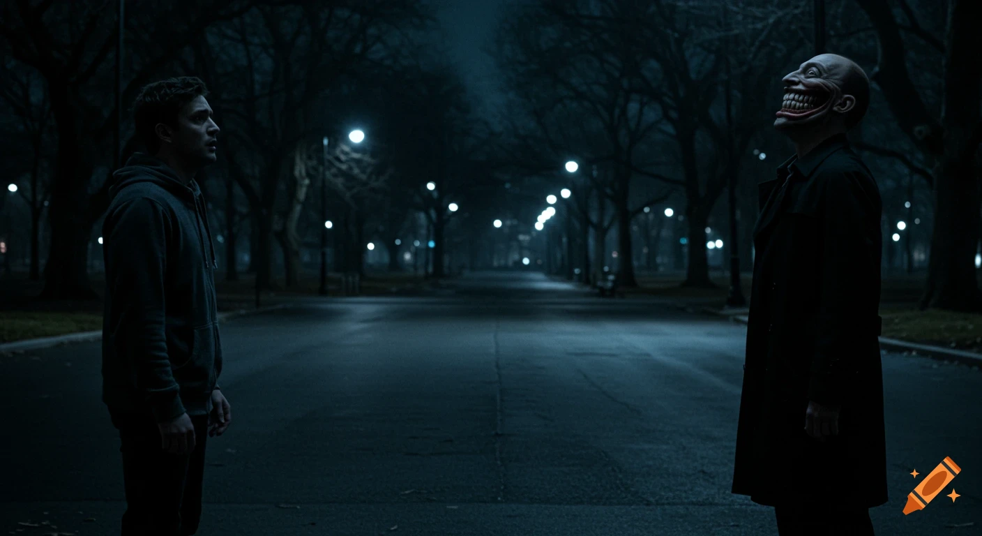 Two men in a dark urban park at night; one looks worried, the other with a wide, creepy smile looks up.