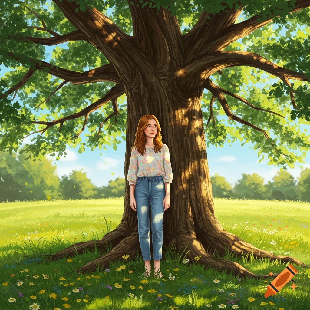An illustrated teenage girl with red hair stands barefoot under a large, leafy tree in a sunny, green field with wildflowers.