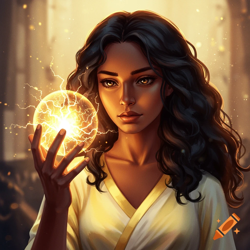 A fantasy portrait of a mixed-race woman with dark hair and eyes, holding a glowing ball of light and electricity.