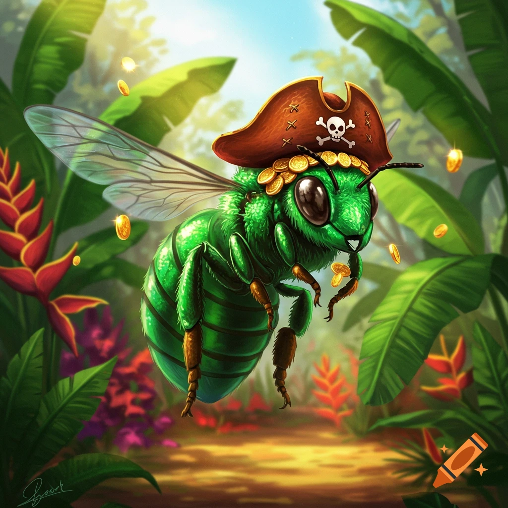 A vibrant green cartoon bee wearing a pirate hat and gold coins, flying through a lush jungle.