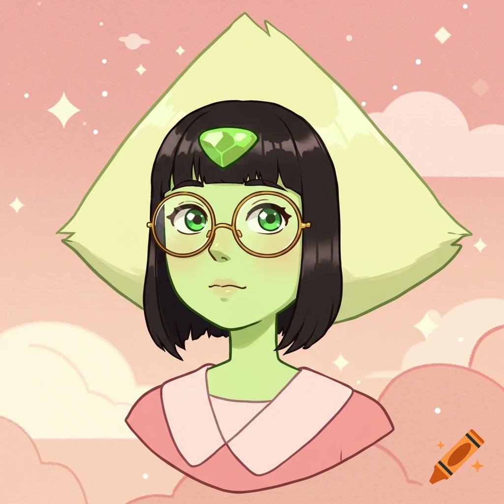 Cartoon headshot of a green-skinned character with dark bob hair, round glasses, and a green gem on her forehead, in Steven Universe style.
