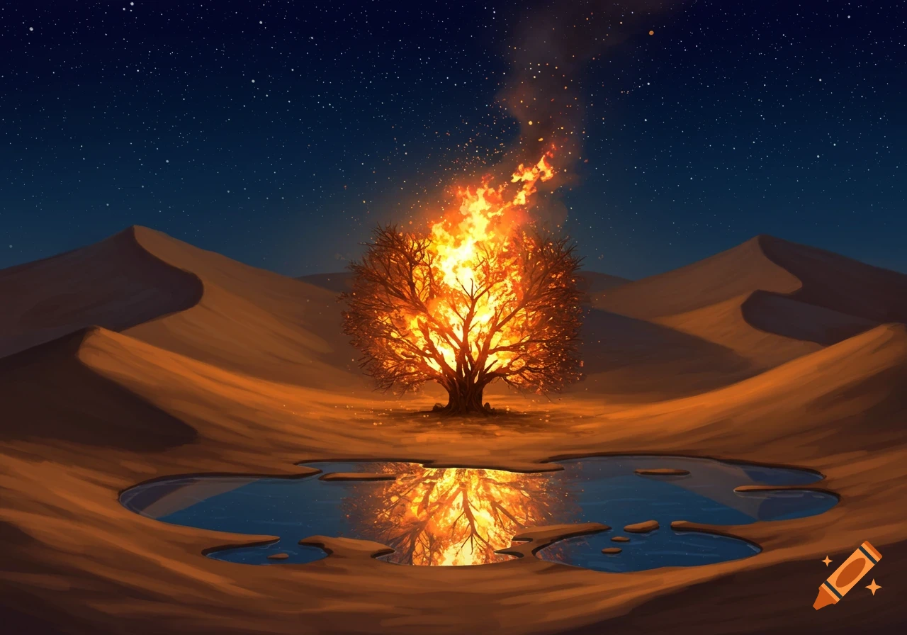 A fiery tree burns brightly in a dark desert landscape, its reflection visible in a pool of water under a starry night sky, digital illustration.
