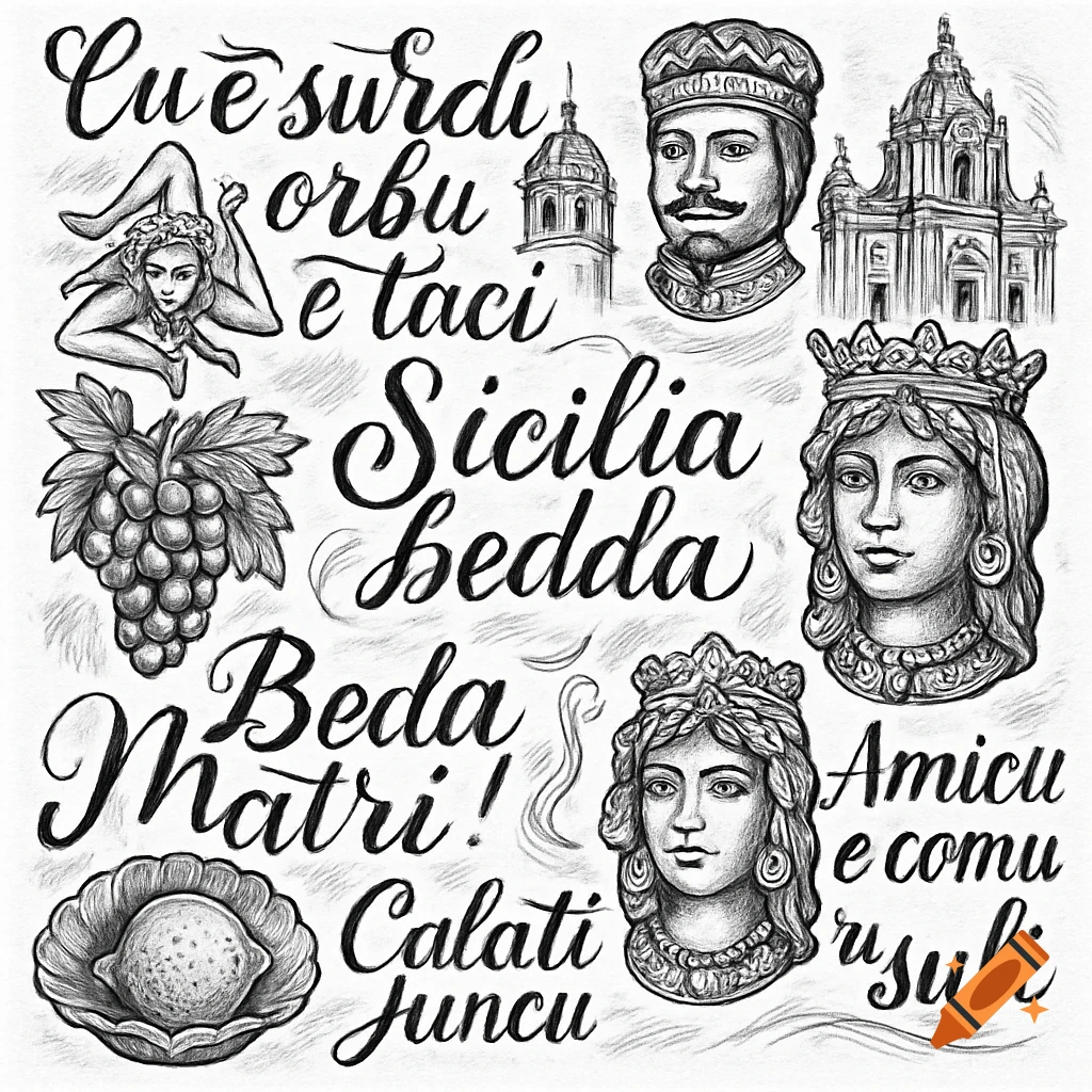 Black and white line art collage featuring Sicilian cultural symbols and phrases, including crowned figures, the Trinacria, grapes, a lemon, and buildings.