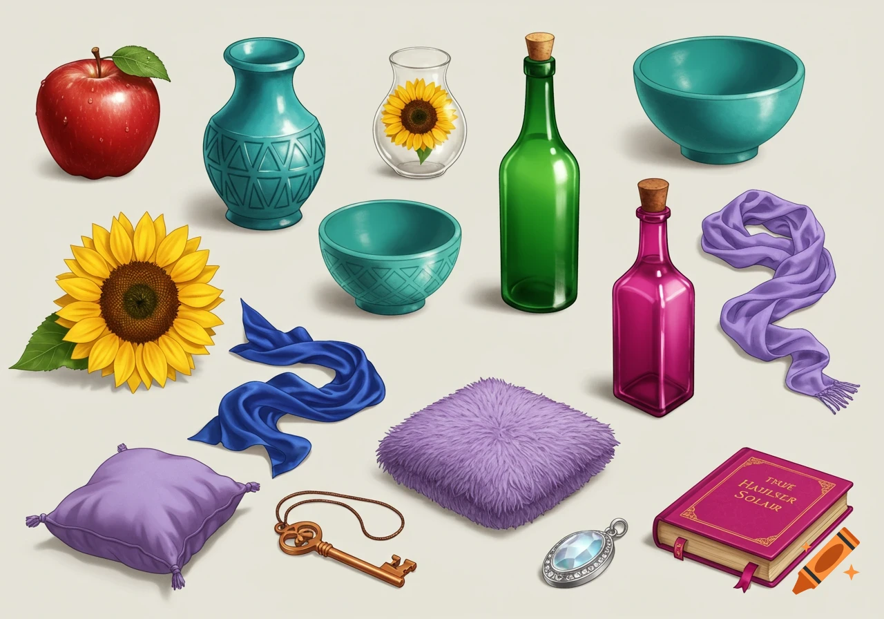 A collection of colorful rendered objects including an apple, vases, bottles, scarves, a sunflower, a purple cushion, a key, a pendant, and a book.