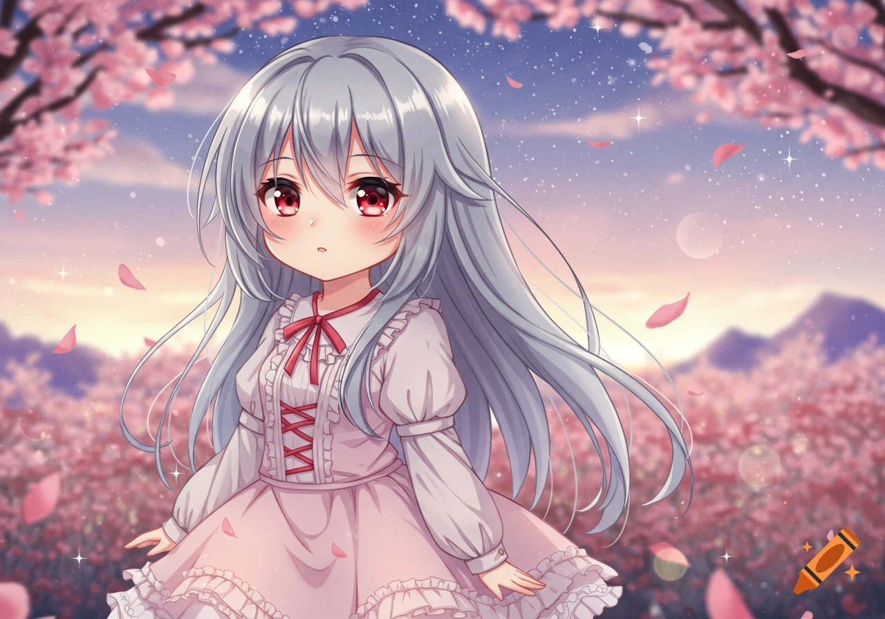 A cute anime girl with long grey hair and red eyes stands in a field of pink cherry blossoms at sunset, anime art style.