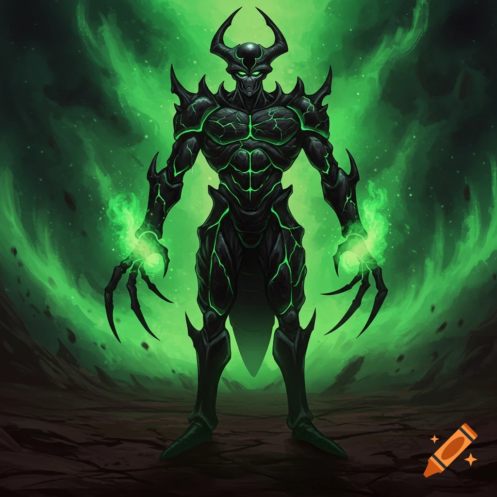 A towering, dark obsidian alien villain with glowing green fissures and energy in its clawed hands, standing against a swirling green aura in a digital painting style.