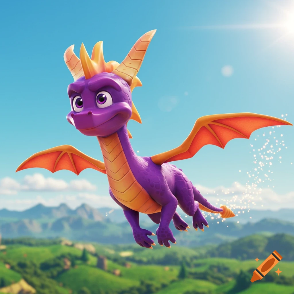 A hyperrealistic 3D render of Spyro the Dragon flying over green hills under a bright blue sky.