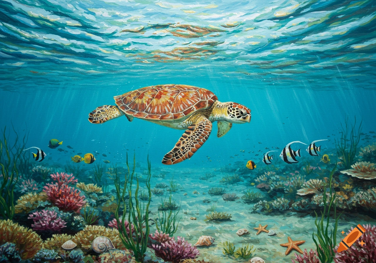 A detailed painting of a sea turtle swimming above a colorful coral reef with tropical fish and sun rays in turquoise water.