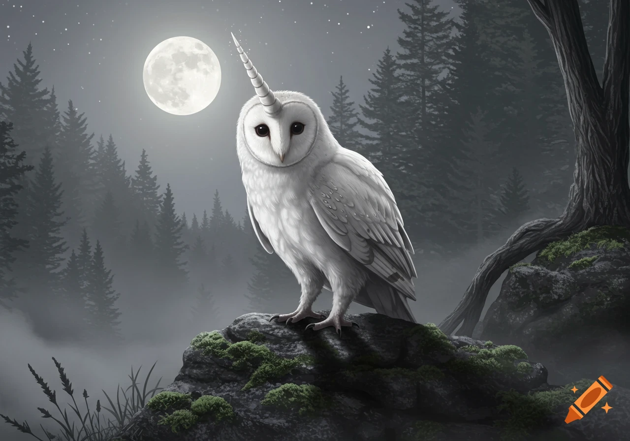 A white owlicorn stands on a mossy rock in a misty forest under a full moon at night, fantasy art.