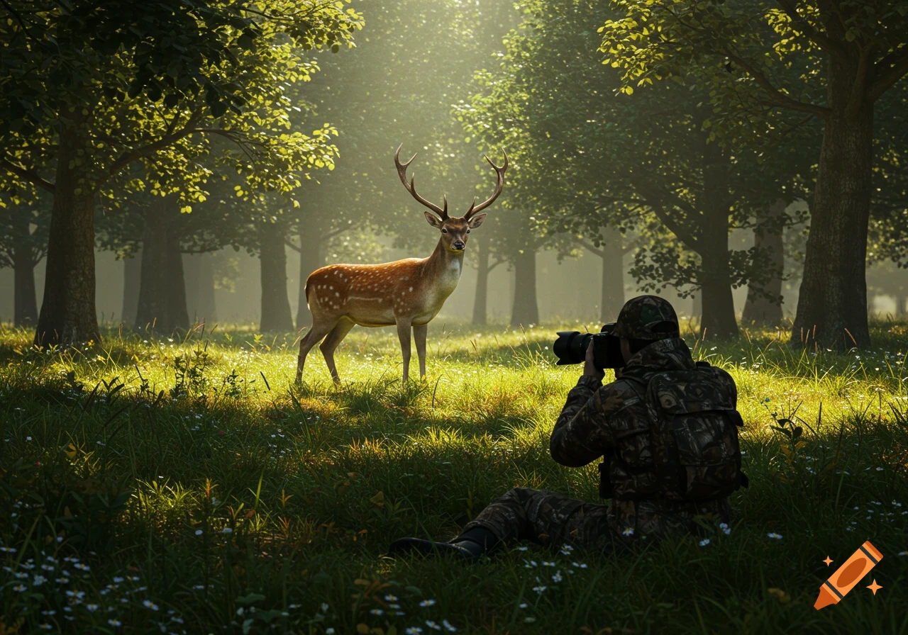 A photographer in camouflage lies on the grass, aiming a camera at a deer standing in a sunlit forest clearing, photorealistic style.