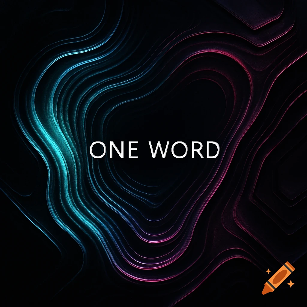 Abstract dark background with glowing teal and magenta wavy lines and the text 'ONE WORD' in the center.