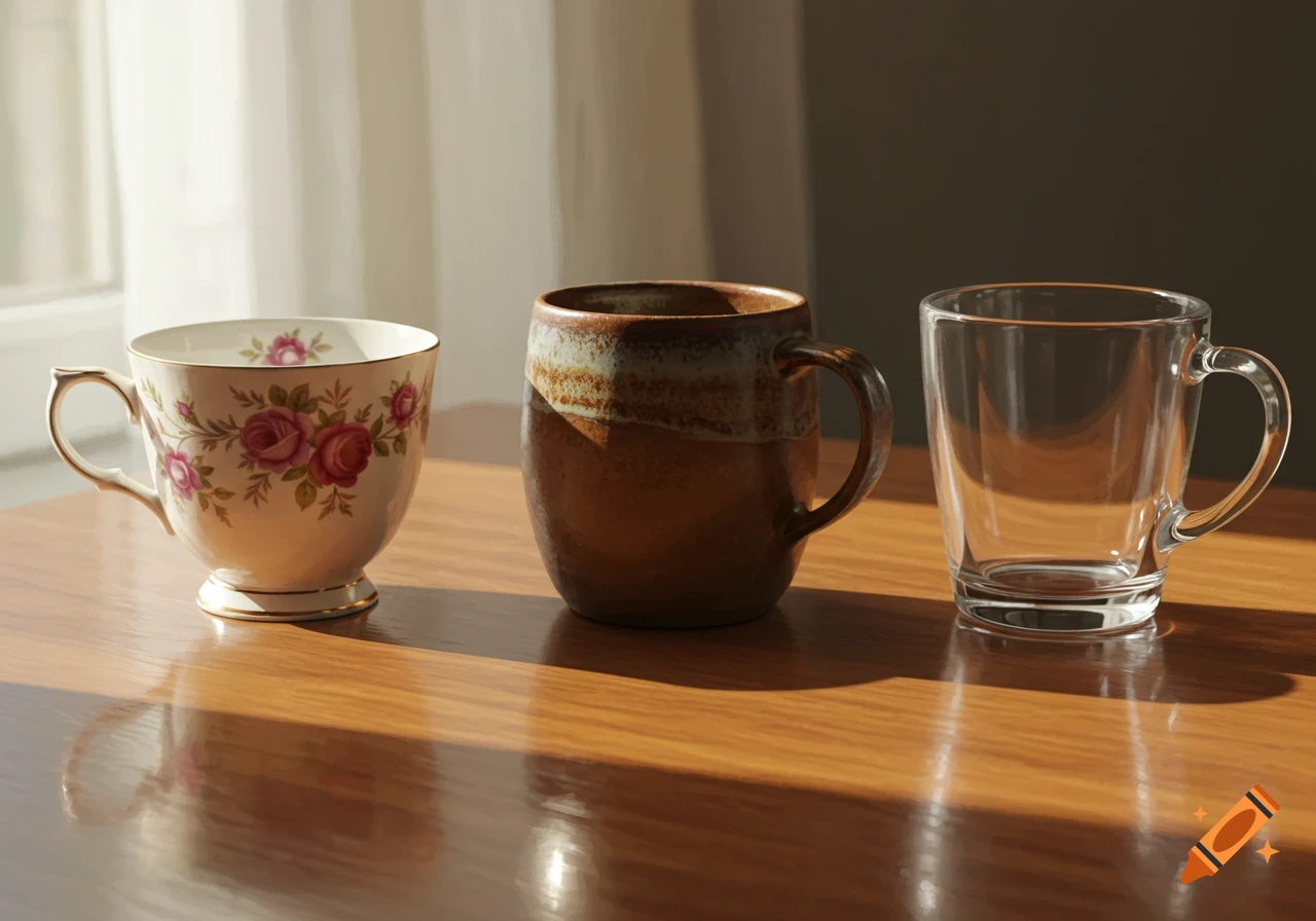 Three distinct cups: a floral teacup, a rustic ceramic mug, and a clear glass mug, bathed in sunlight on a wooden table.