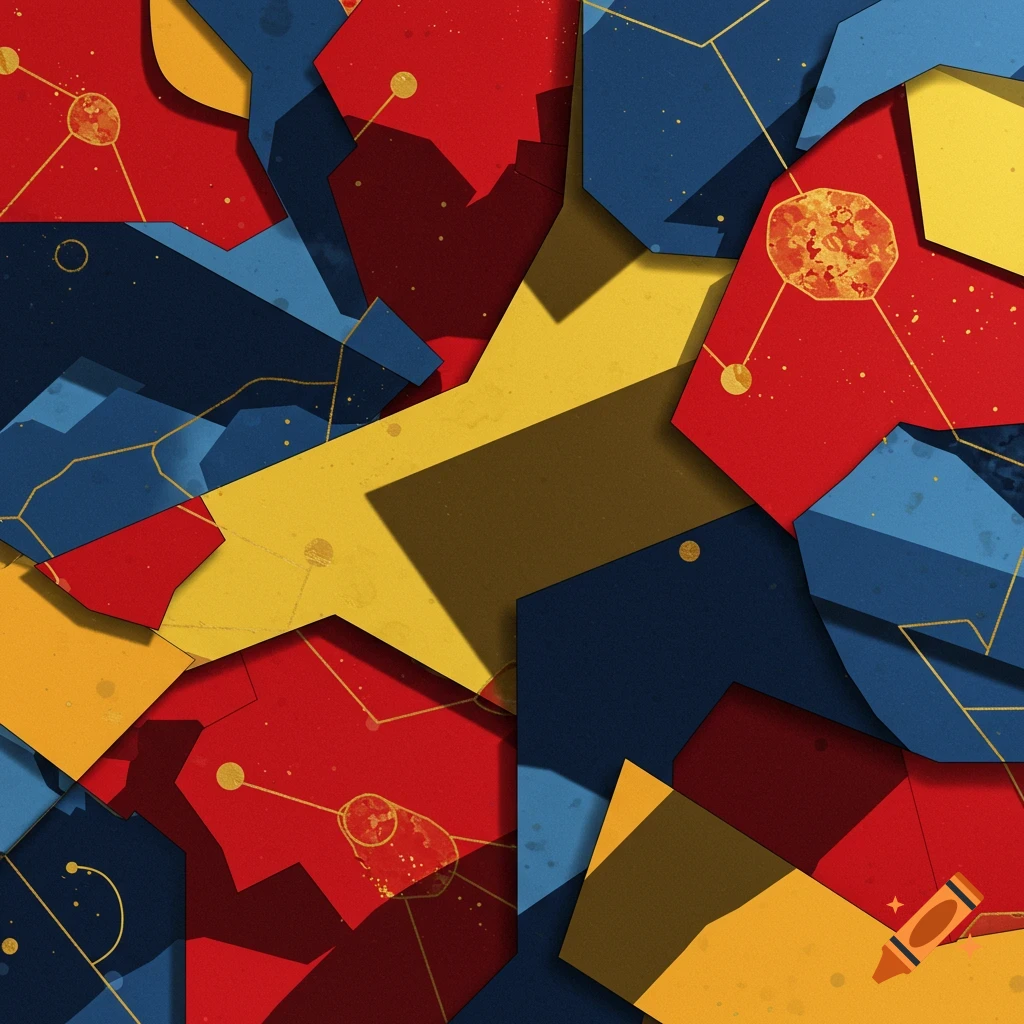 Vibrant abstract geometric art with overlapping shapes in red, blue, and yellow, detailed with gold lines and dots.