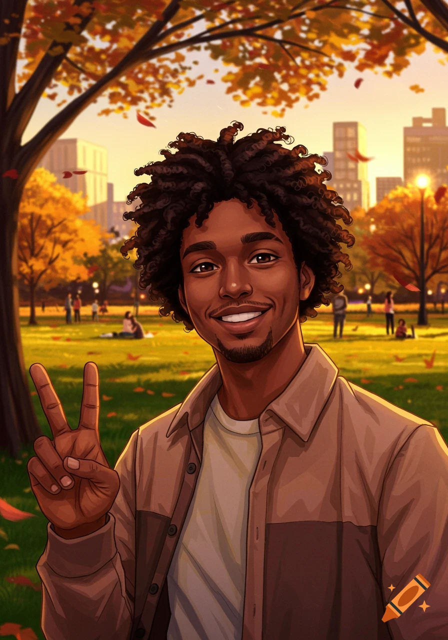 Smiling cartoon man with curly hair makes a peace sign in an autumn city park.