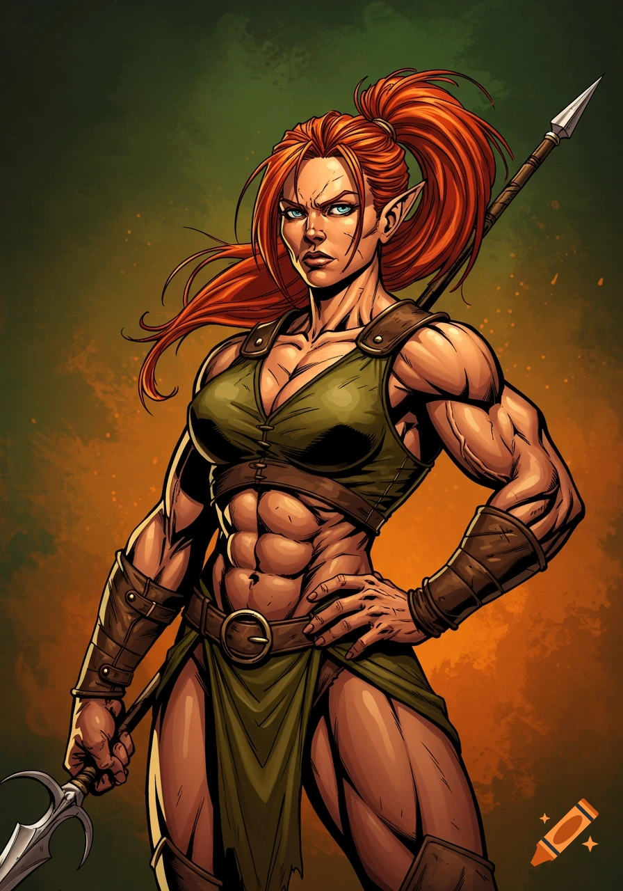 A muscular red-haired elf woman in leather armor, holding a javelin, in comic book style.