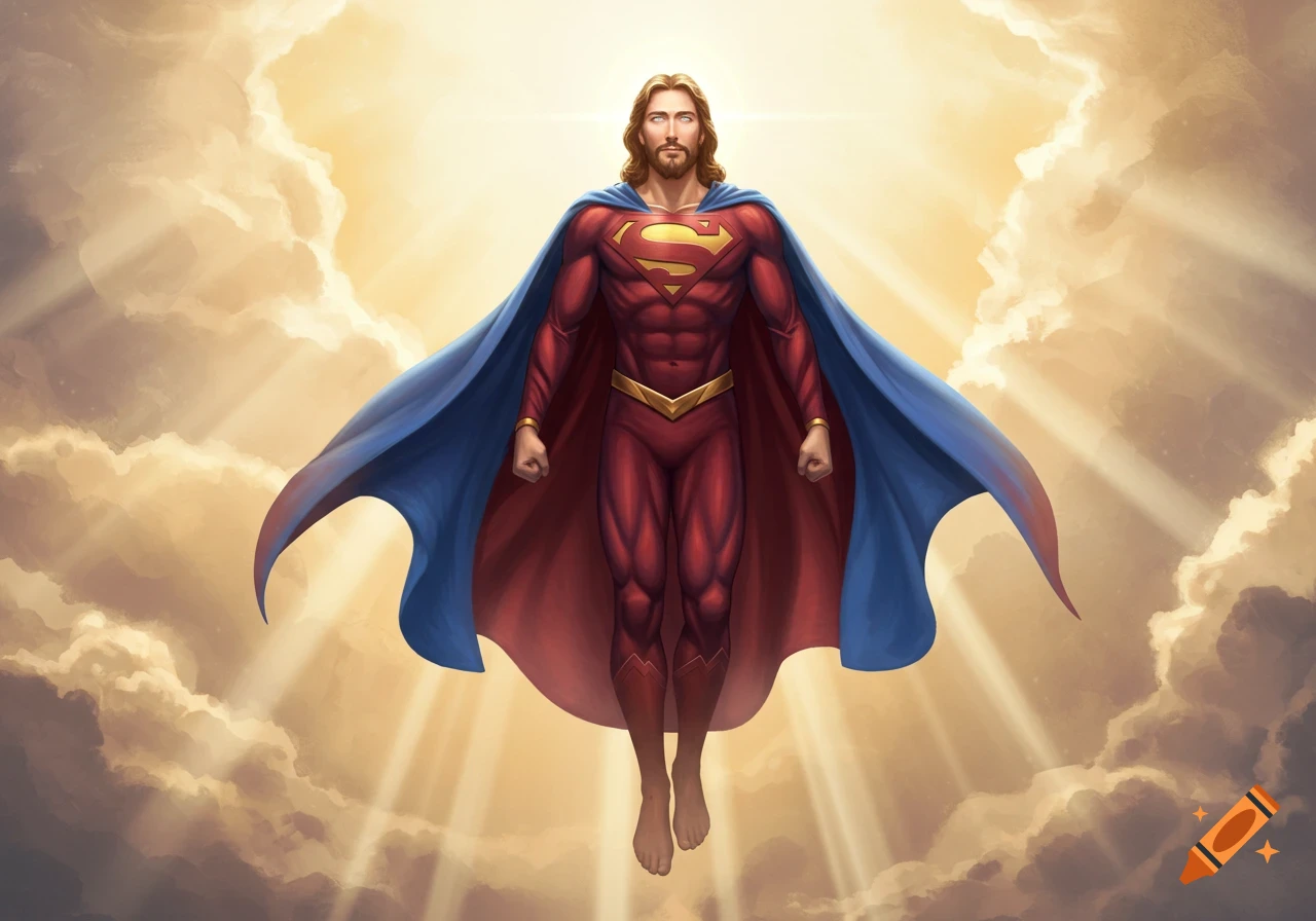 Illustration of Jesus in a Superman costume, flying through a cloudy sky with sun rays.