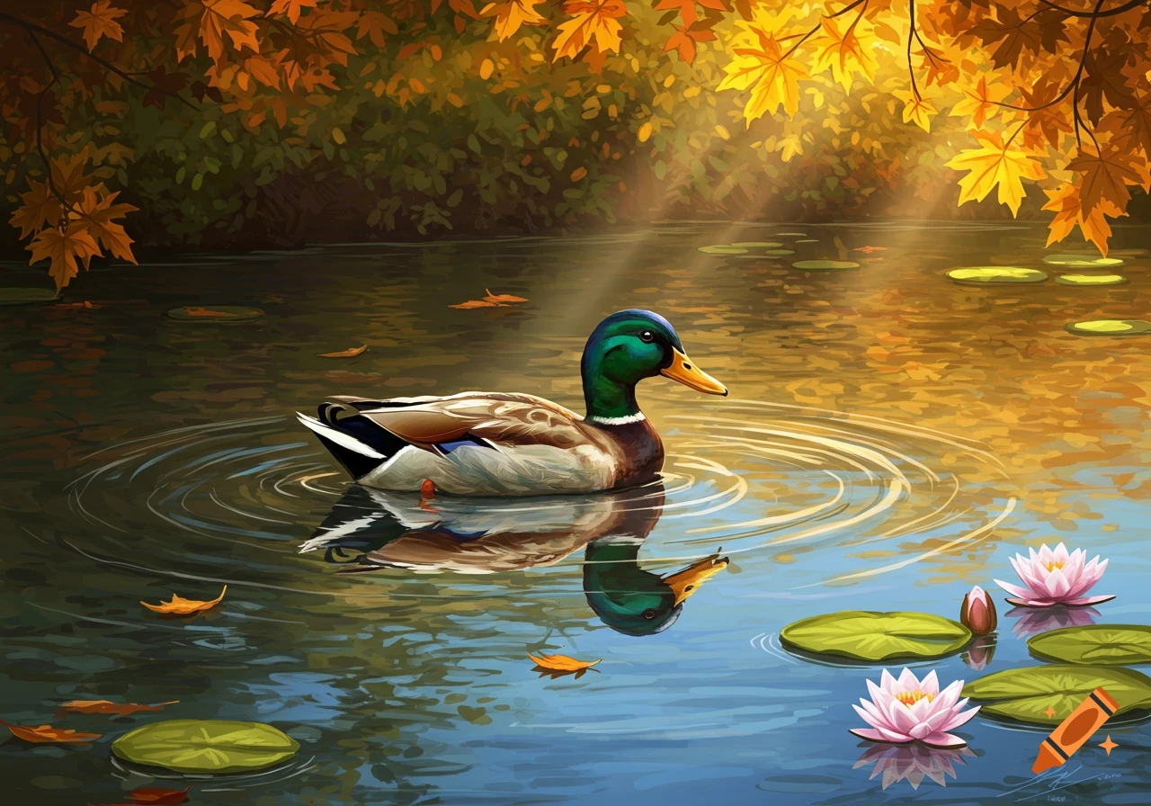 An illustrative painting of a mallard duck swimming in a pond with autumn leaves and water lilies, bathed in sunlight.