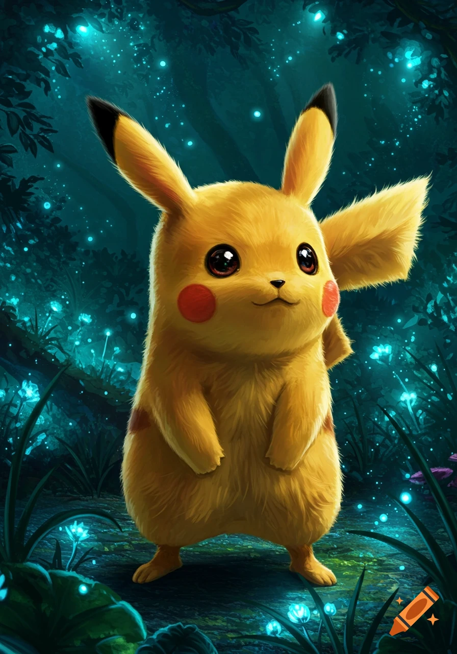 A furry, realistic Pikachu stands in a glowing, dark fantasy forest with teal lights.