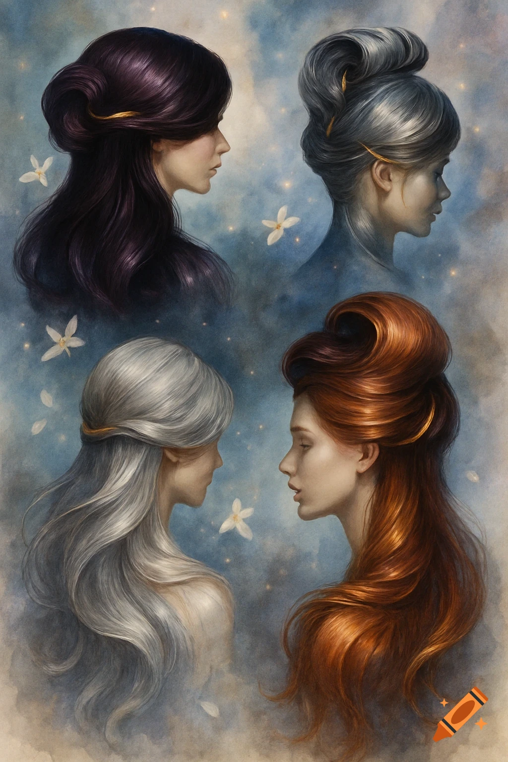 Four elegant women in profile showcasing diverse hairstyles and hair colors against a celestial blue background with floating flowers.