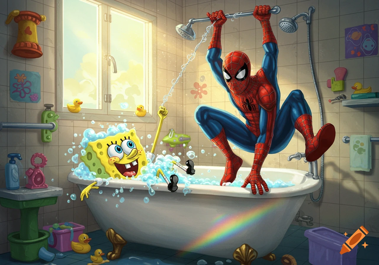 Cartoon style illustration of Spider-Man hanging above a bathtub where Spongebob Squarepants is enjoying a bubble bath.
