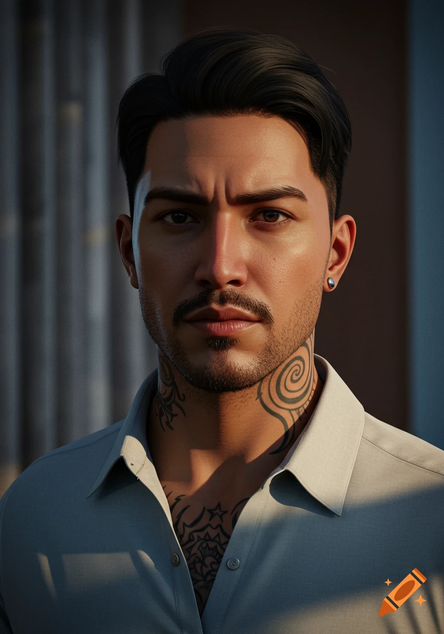 Photorealistic portrait of a Hispanic man with dark hair, facial hair, and intricate neck and chest tattoos, wearing a light collared shirt.