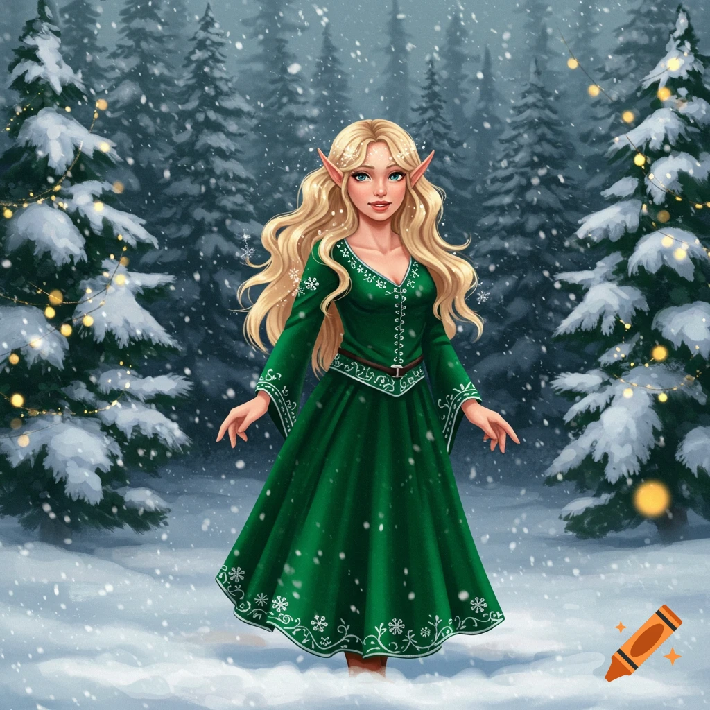 Illustrated blonde Christmas elf with pointed ears in a green dress, standing in a snowy forest with decorated pine trees.