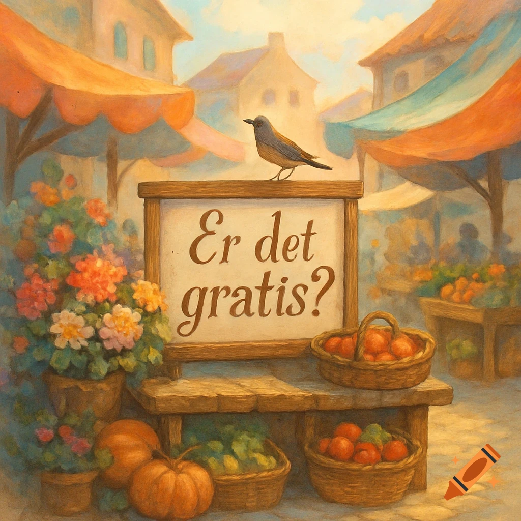 A painterly illustration of a bird on a market sign reading 'Er det gratis?', surrounded by flowers, fruit baskets, and pumpkins.