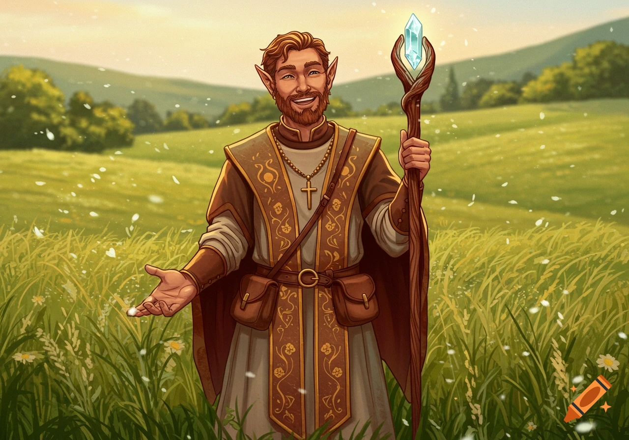 Smiling half-elf cleric with a beard, wearing robes and holding a crystal-topped staff, stands in a sunny, flower-filled meadow.