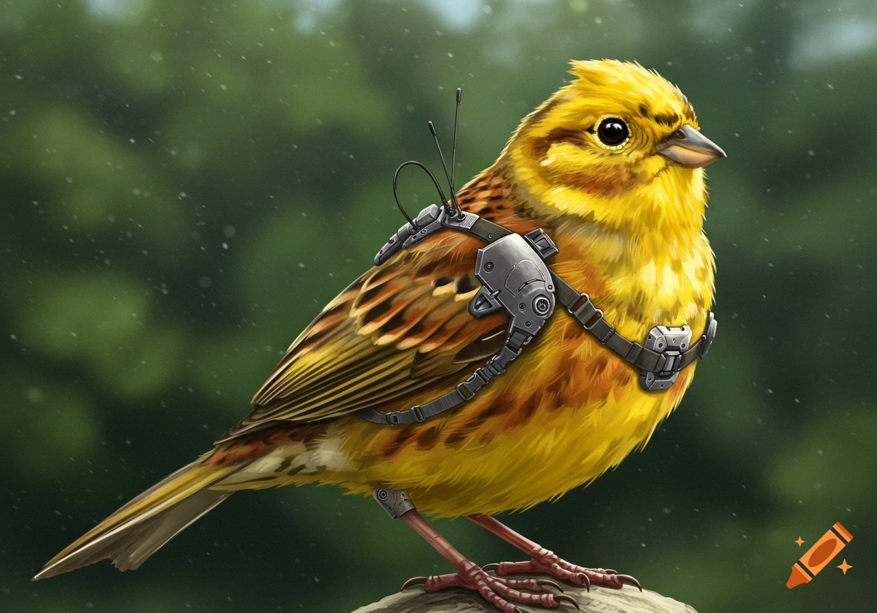 A yellowhammer bird wearing gray tactical gear with antennas, perched on a branch against a blurred green background.