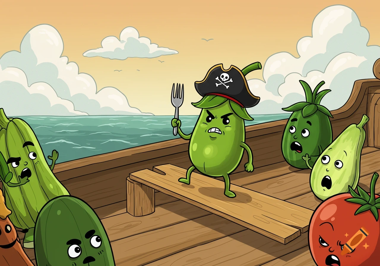 A cartoon angry pea pirate with a fork on a ship, surrounded by scared vegetable characters.