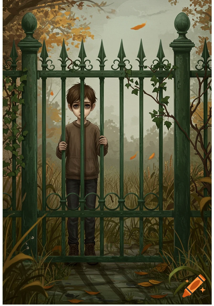 A sad boy with large eyes stands behind a tall, ornate green fence in a misty, autumnal illustration.