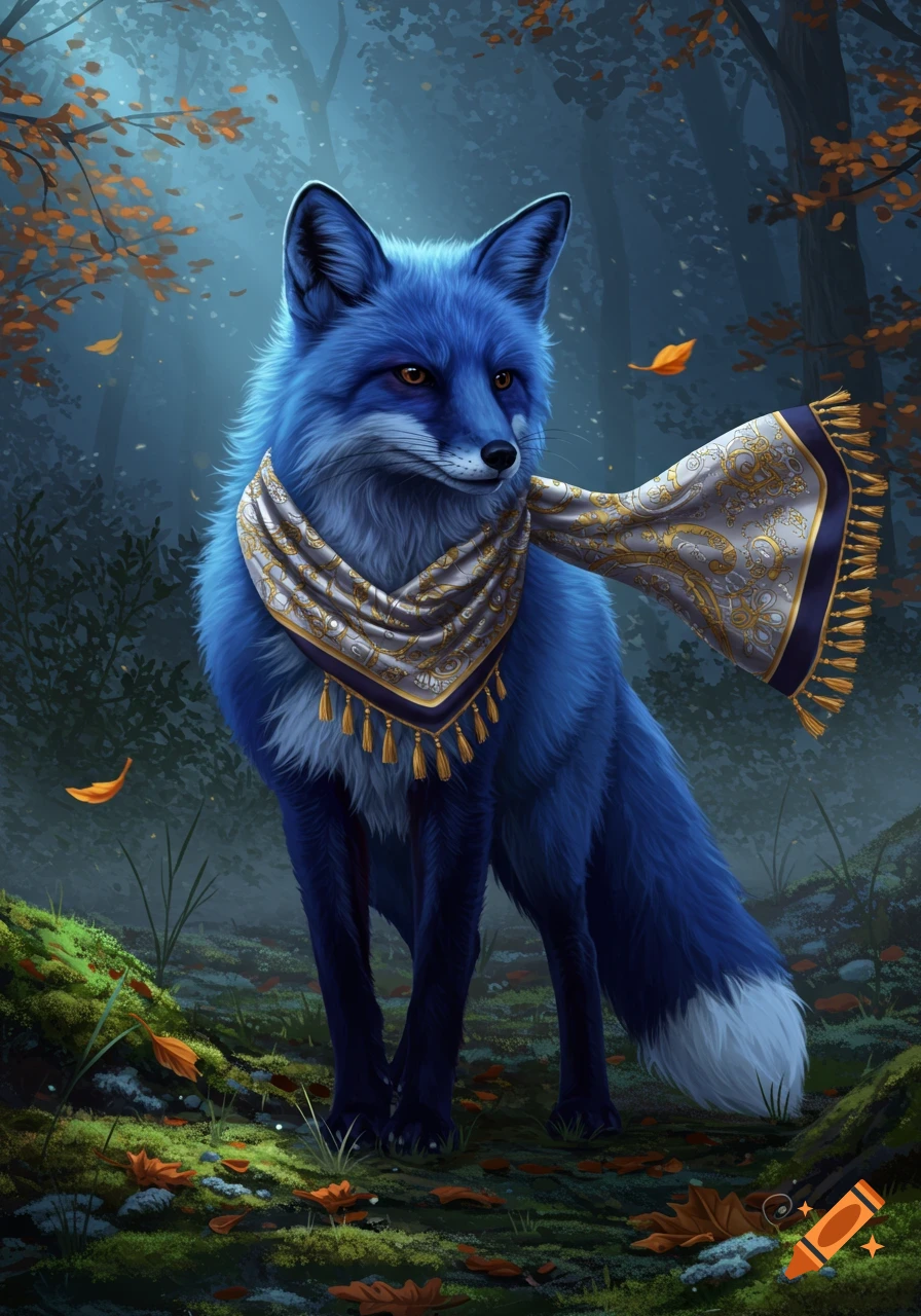 A vivid blue fox with a white-tipped tail stands in a mystical forest, wearing a gold and white patterned scarf, surrounded by autumn leaves.