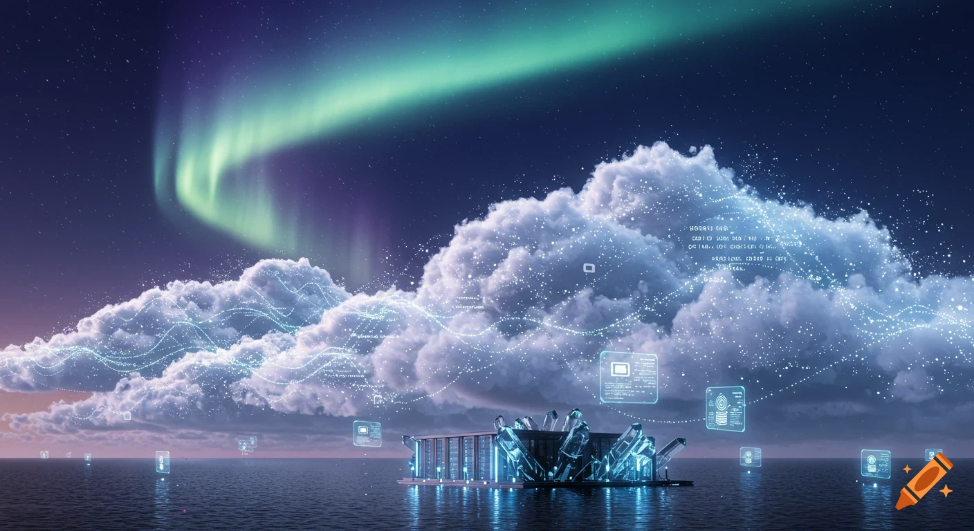 Futuristic digital art of data flowing through clouds above water, with a glowing server building under an aurora borealis.