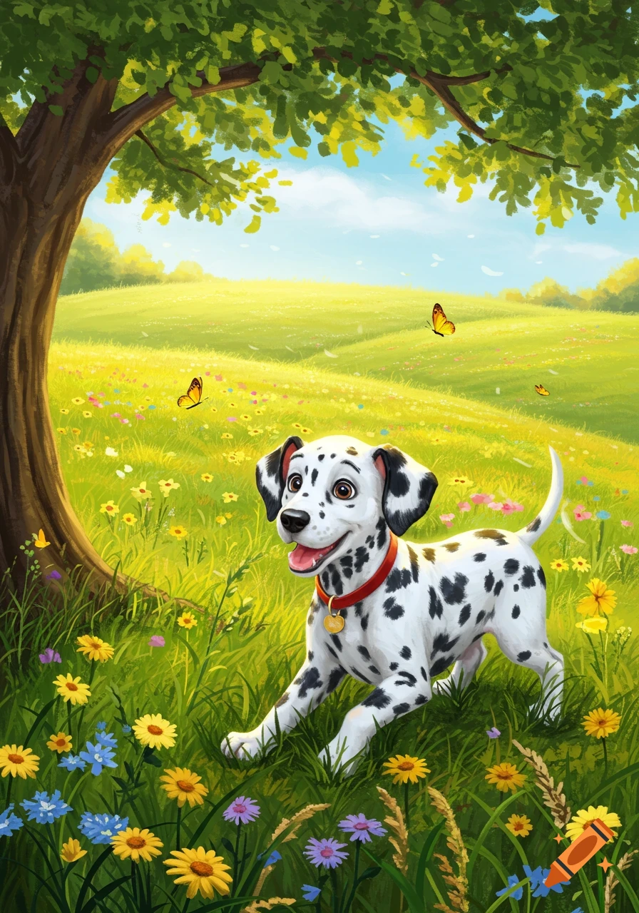 A cute cartoon Dalmatian puppy with a red collar stands in a sunny, flower-filled green meadow under a tree, with butterflies.