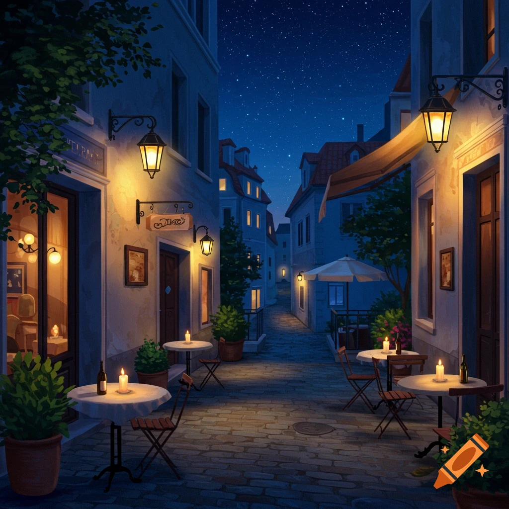 A charming, illustrated European street cafe at night with glowing lanterns, outdoor tables, and cobblestones.