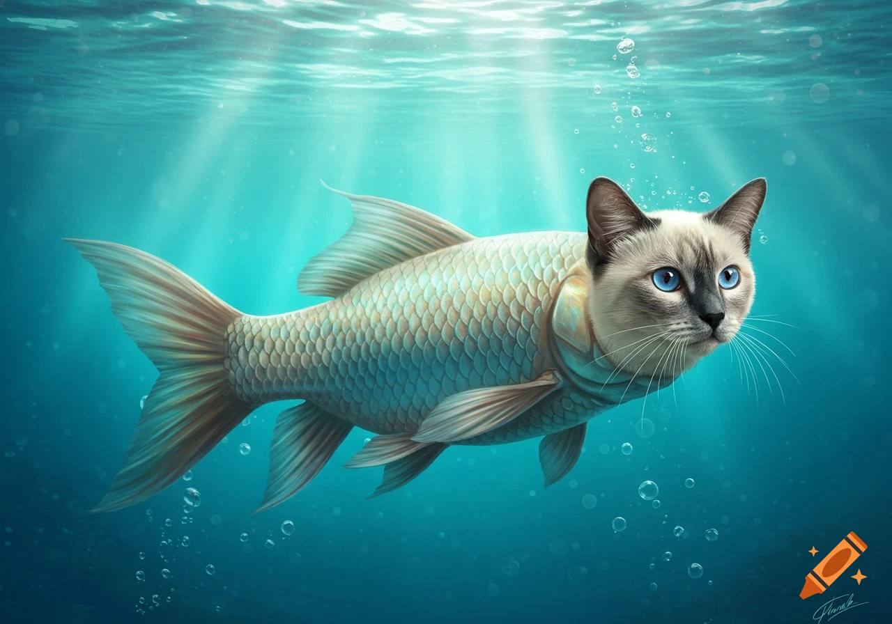 A Siamese cat's head on a fish's body, swimming underwater with light rays and bubbles.
