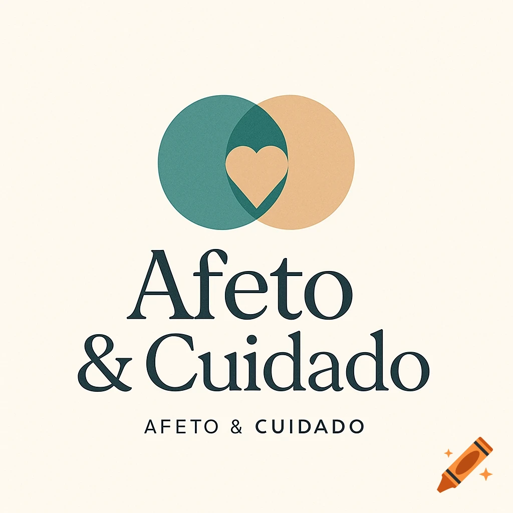 A minimalist logo for Afeto & Cuidado, featuring two overlapping circles (teal and beige) that form a heart in their intersection, with the company name below.