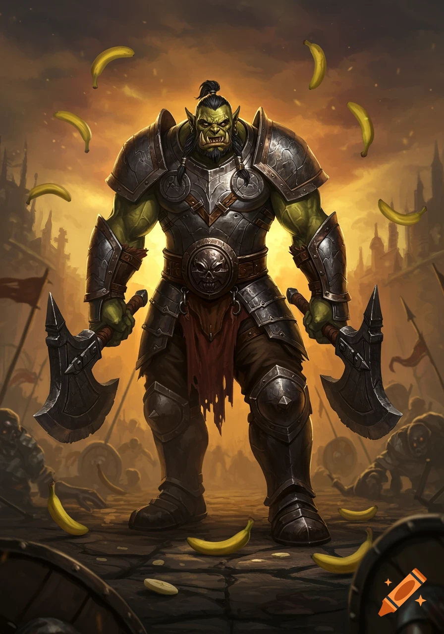 A muscled half-orc warrior in detailed armor wields two battle-axes on a chaotic fantasy battlefield, with bananas flying around him. High fantasy art style.