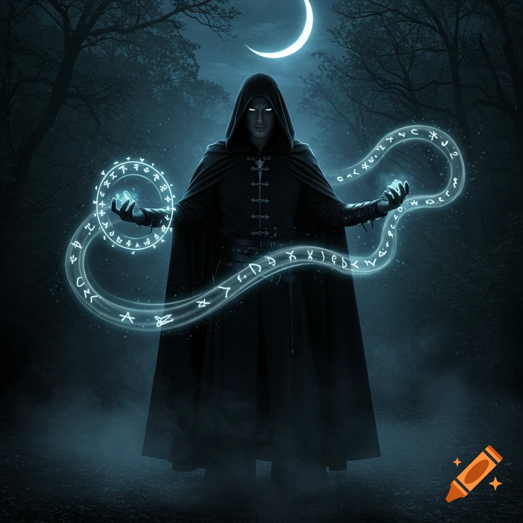 A dark cloaked wizard with glowing eyes casts a spell with glowing runes in a moonlit forest.