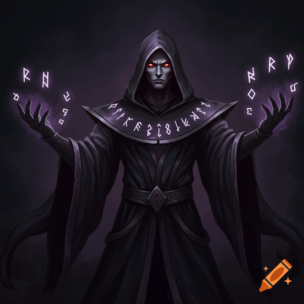 A hooded dark wizard with glowing red eyes in black robes, casting glowing purple runes in a painterly style.