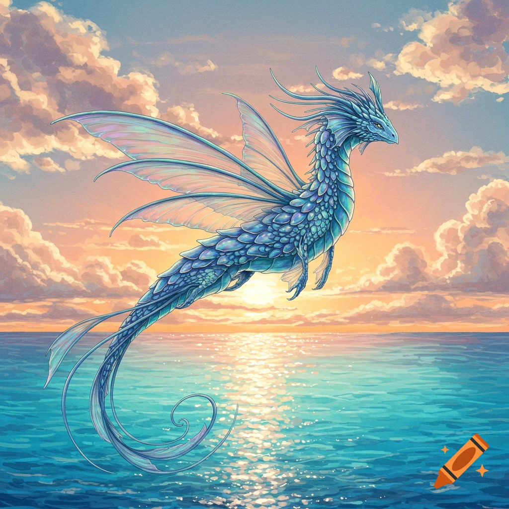 A blue-green dragon with delicate, iridescent wings flies over a sparkling ocean at sunset, in an illustrative style.