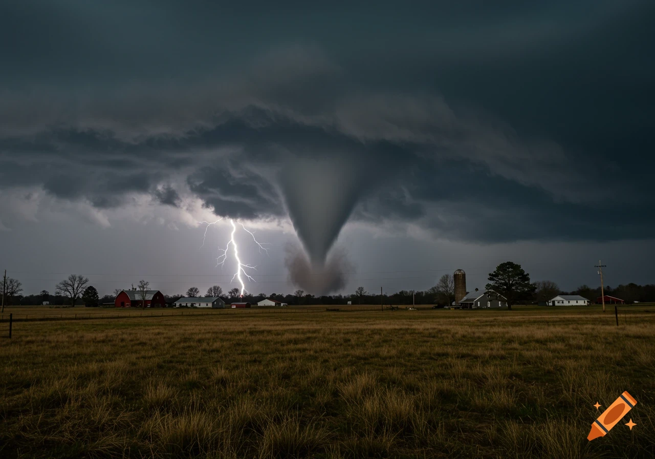 Photorealistic image of a powerful tornado and striking lightning in a dark, stormy sky over a rural field with farm buildings.