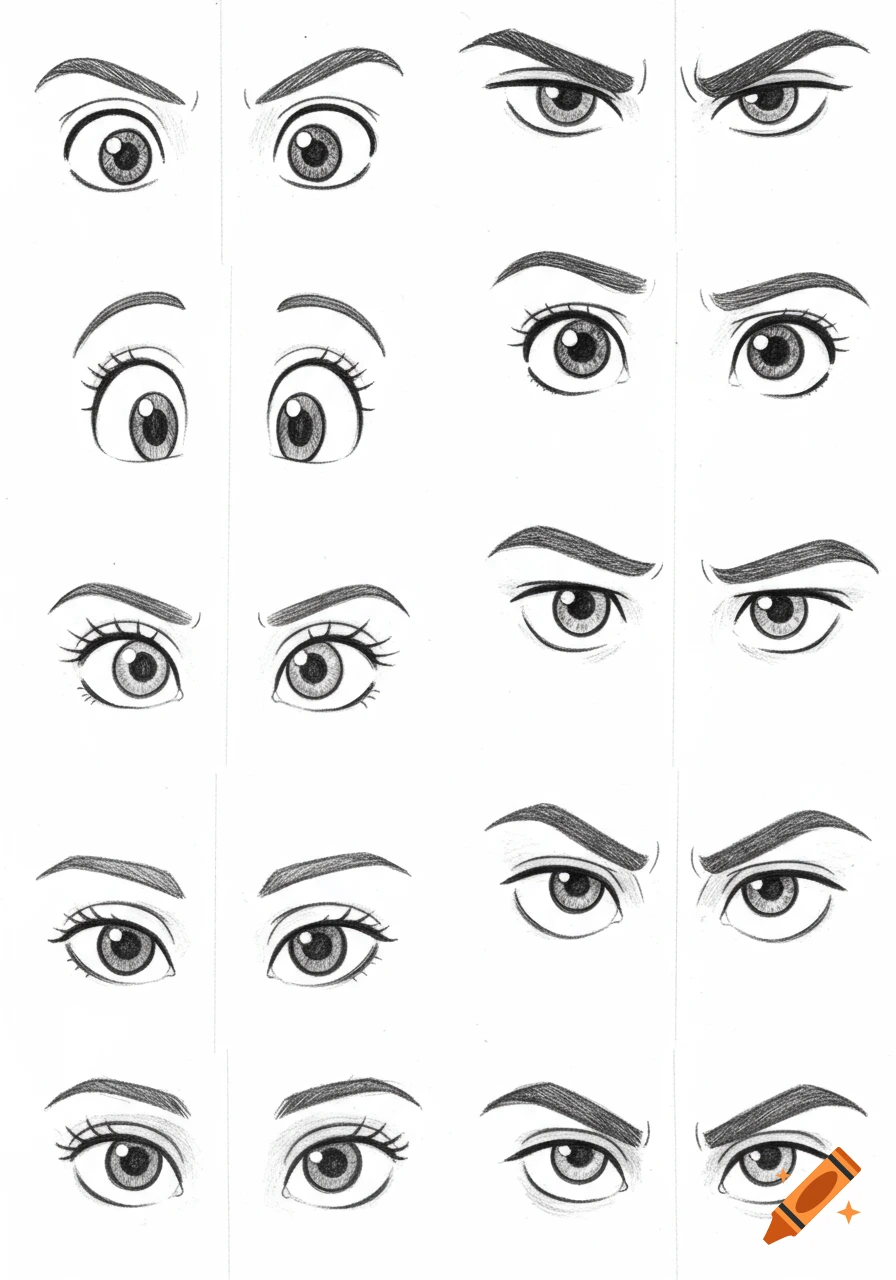 Pencil line art showing multiple pairs of cartoon eyes with different expressions and styles.