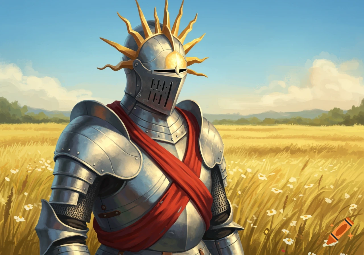 A knight in shining silver armor with a red sash and a sun-shaped helmet stands in a golden wheat field under a blue sky.