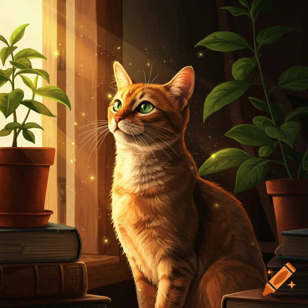 An orange tabby cat with bright green eyes sits looking up by a window, bathed in warm sunlight, surrounded by potted plants and books in a painterly style.
