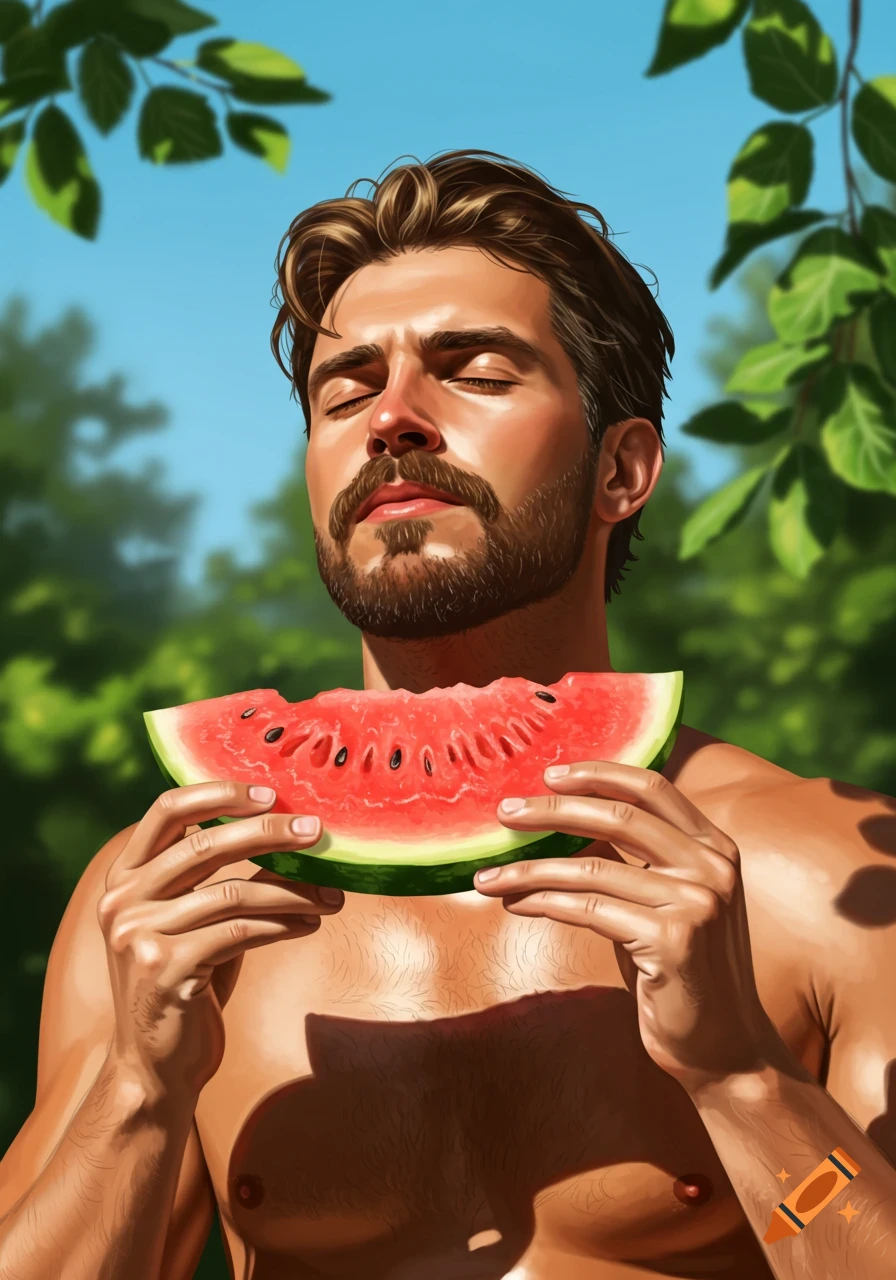 Illustrative portrait of a bearded man with closed eyes, holding a slice of watermelon outdoors under leafy green trees.
