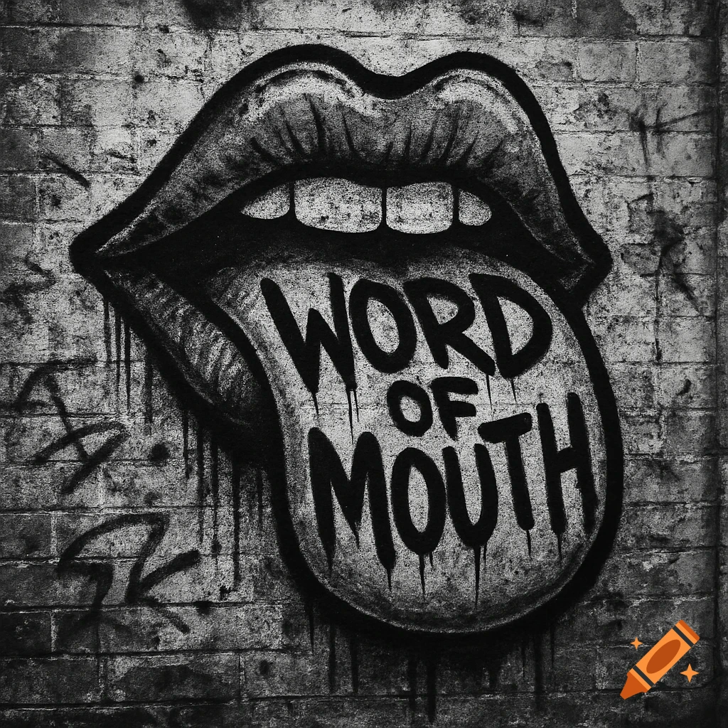 Gritty black and white graffiti of stylized lips and a tongue with 'WORD OF MOUTH' written on it on a brick wall.