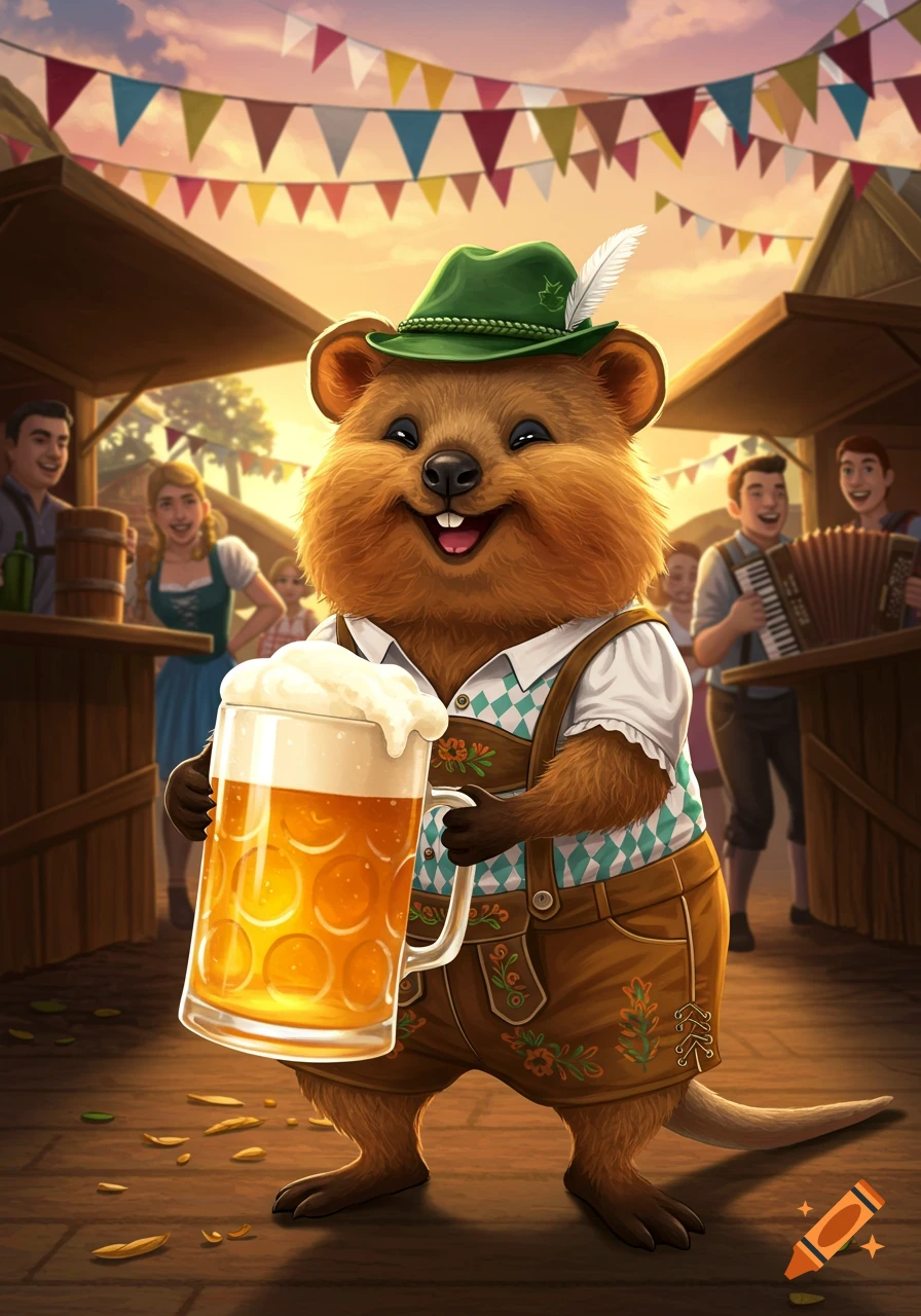 A smiling cartoon quokka in Bavarian lederhosen holds a large stein of beer at an Oktoberfest celebration.