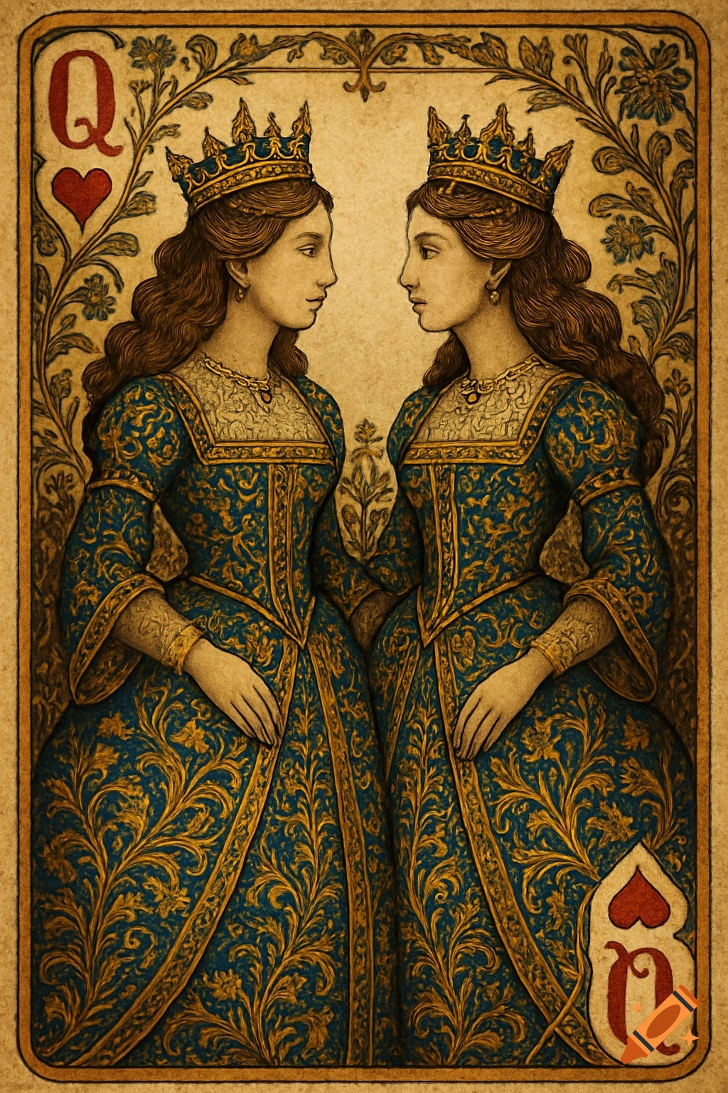 Vintage illustration of a double queen playing card with two crowned queens in ornate blue and gold dresses and Q hearts.